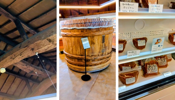 新田醸造の味噌樽（木桶）と店内