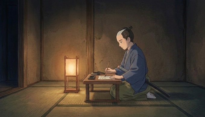 文机の上で手紙を書いている